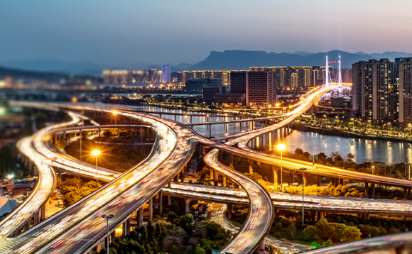 Combined highways with a city ad backdrop