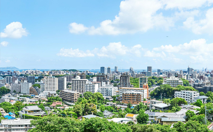 City landscape view with buildings and some green areas