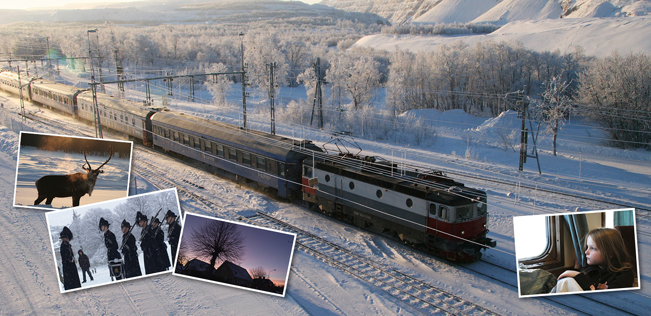 雪景色の中を走る列車と、その上に重ねて配置された、鹿、兵士、夕焼けの家、列車内の少女の4枚の写真。