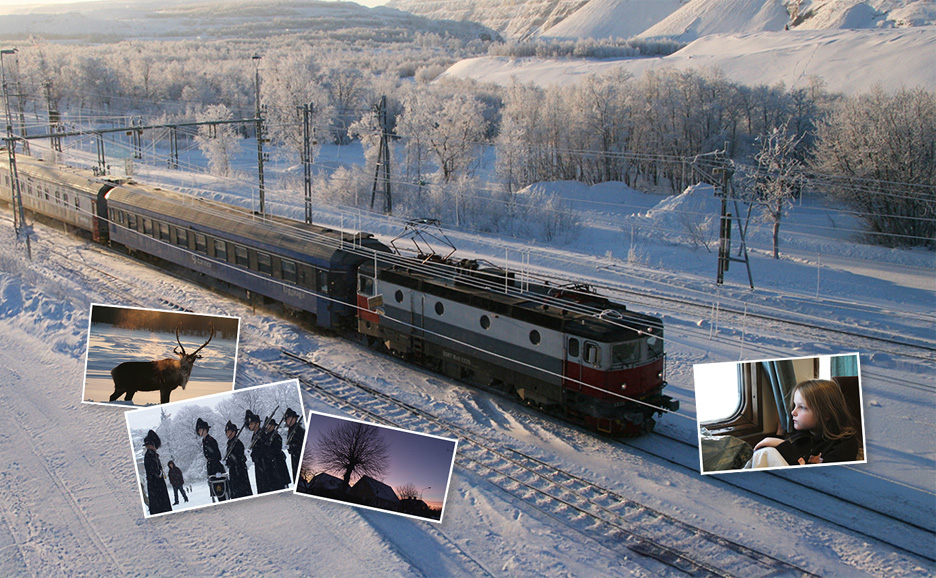 雪景色の中を走る列車と、その上に重ねて配置された、鹿、兵士、夕焼けの家、列車内の少女の4枚の写真。