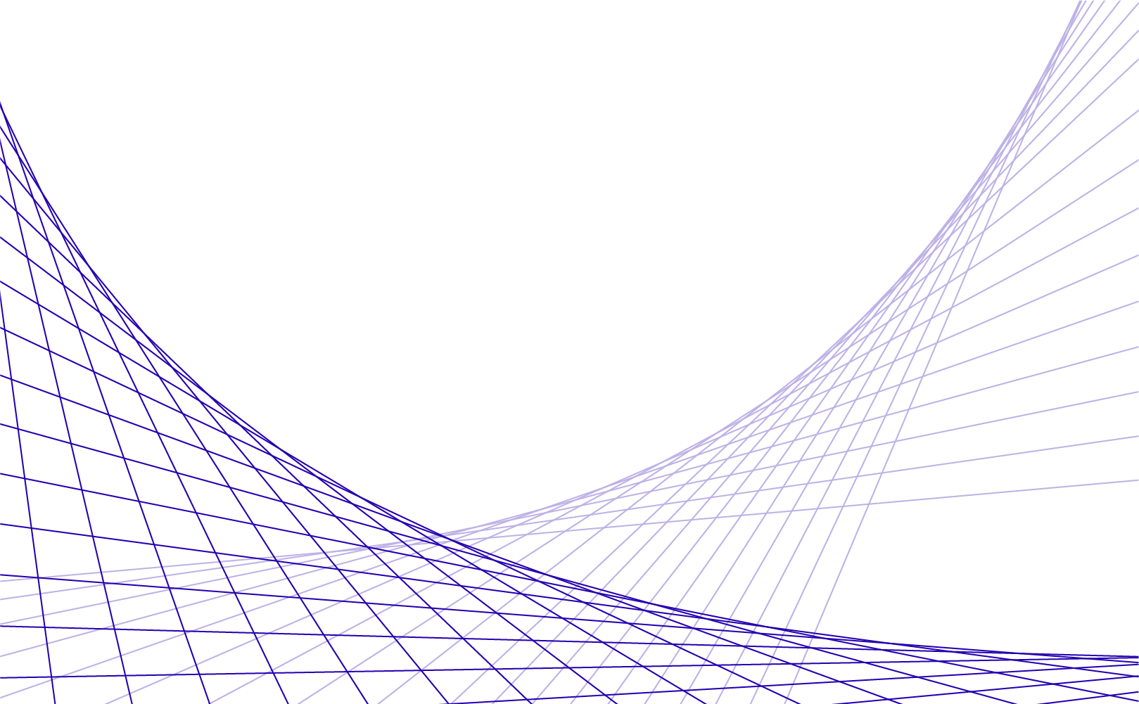 An abstract graphic background featuring thin blue-to-purple grid lines forming flowing curves that converge toward the center from both sides.