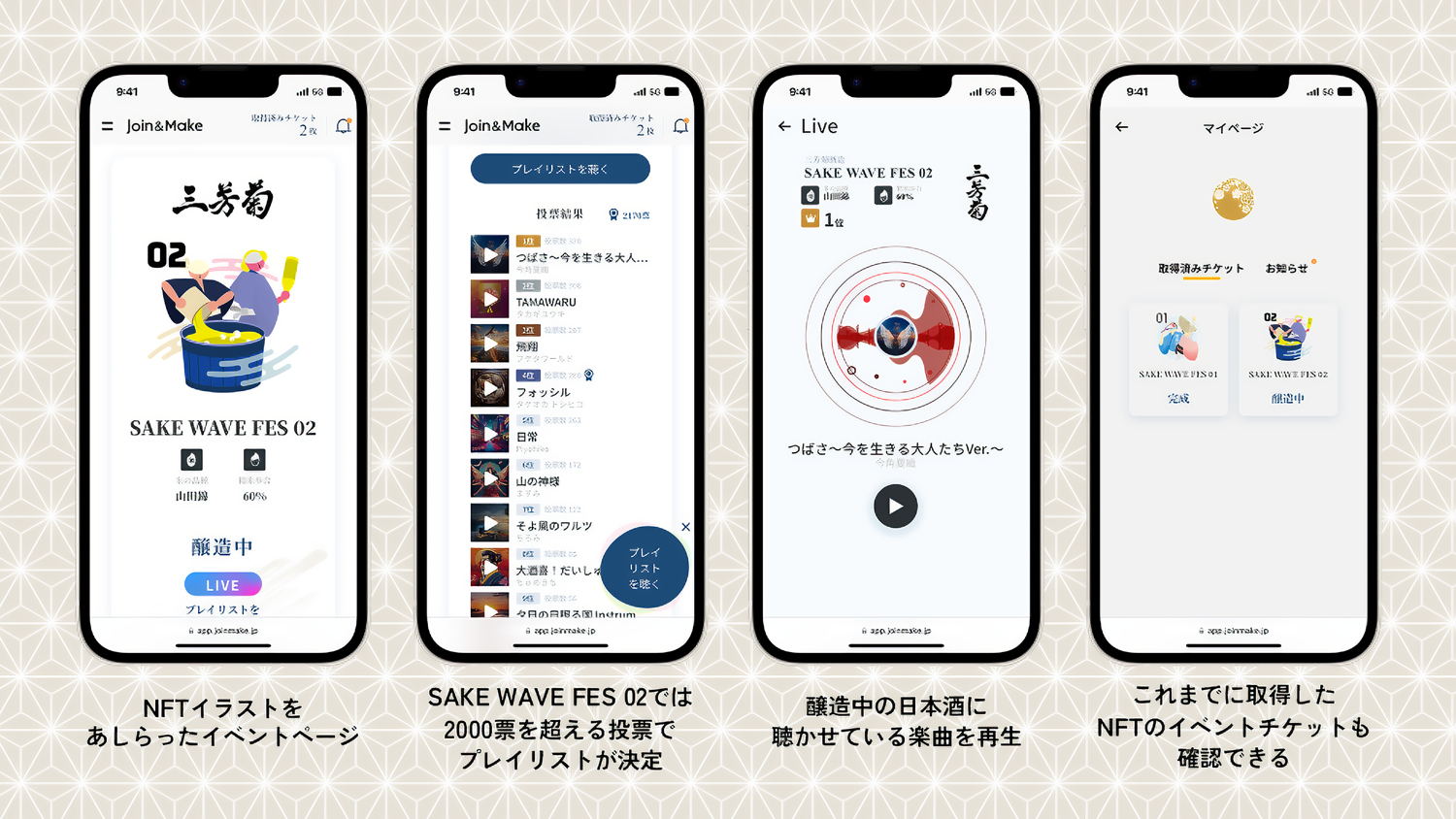 An image explaining the Join&Make app interface. Four smartphone screens are displayed side-by-side, each showing a different function. The first screen is the event page "SAKE WAVE FES 02" using NFT illustrations, displaying the progress of the brewing process. The second screen shows how the playlist for "SAKE WAVE FES 02" is determined by votes exceeding 2000, with the voting results displayed in a ranking format.The third screen shows the live feature playing music currently being played for the brewing sake. The final screen displays the My Page, where users can view their acquired NFT event tickets.