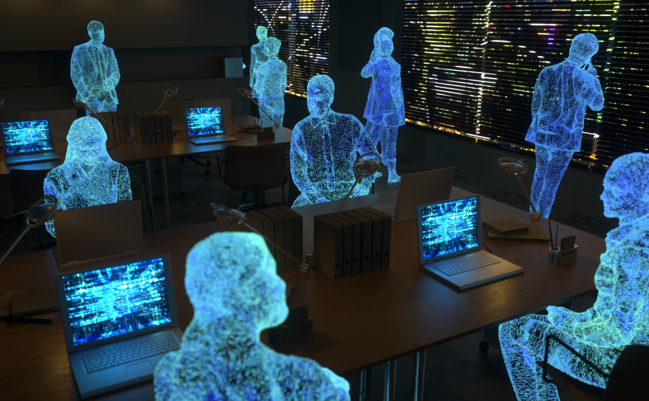 サイバーセキュリティやデータプライバシーのコンセプトを表現するオフィス環境で、ホログラムの人物が光るノートパソコンを使って作業している様子。