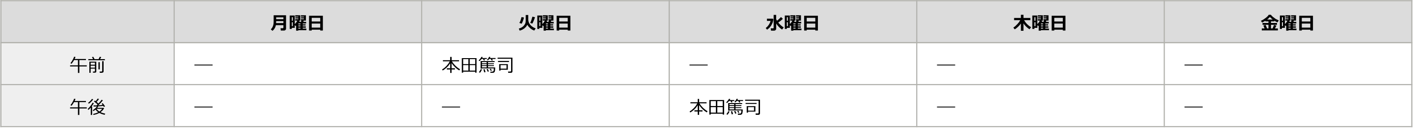 整形外科診療日の図表です。火曜日午前と水曜日午後に診療します。