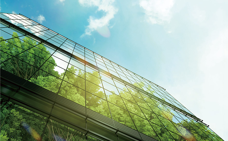 an image of a building wall showing green trees