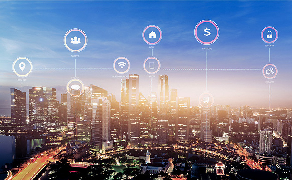 Cityscape with a network of interconnected people icons overlaid, representing connectivity and communication.