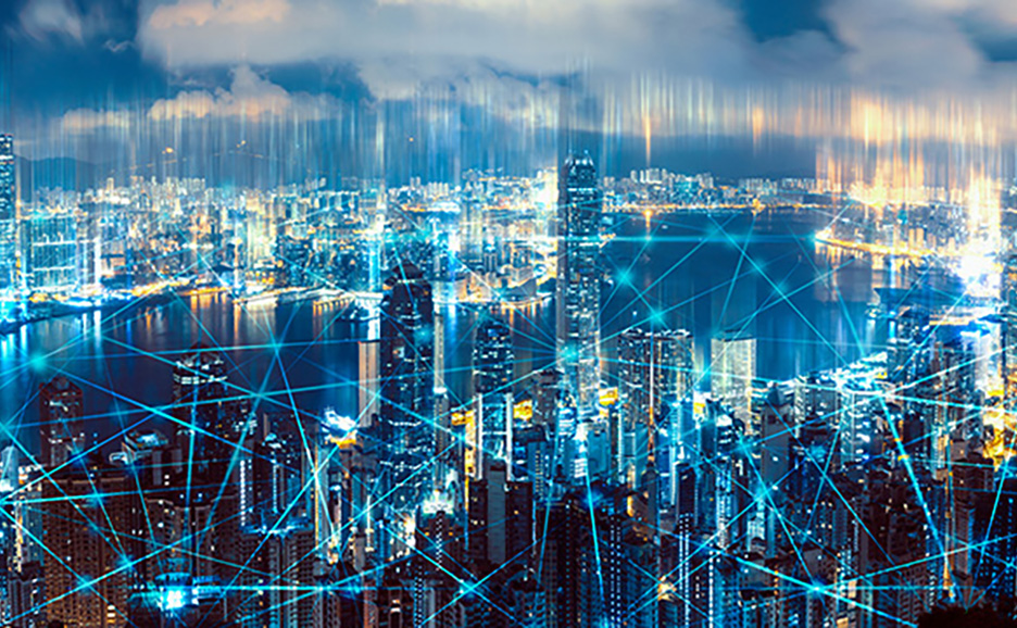 Night cityscape with blue network lines, suggesting supply chain technology.