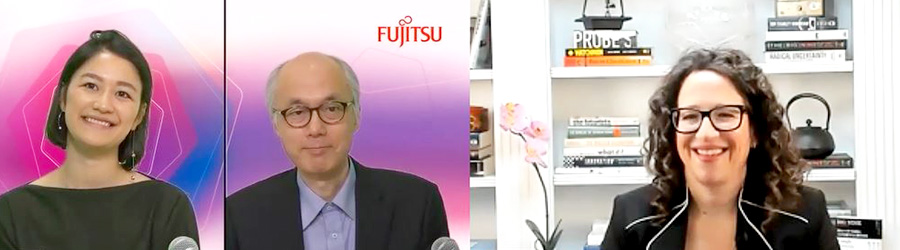 Screenshot of three individuals in a virtual meeting, including the Fujitsu logo.