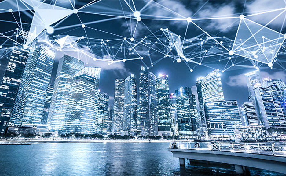 City skyline with network overlay.