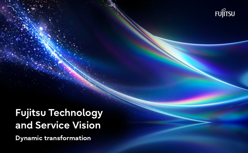 The cover of Fujitsu Technology and Service Vision. Abstract tech image with blue/rainbow light waves.
