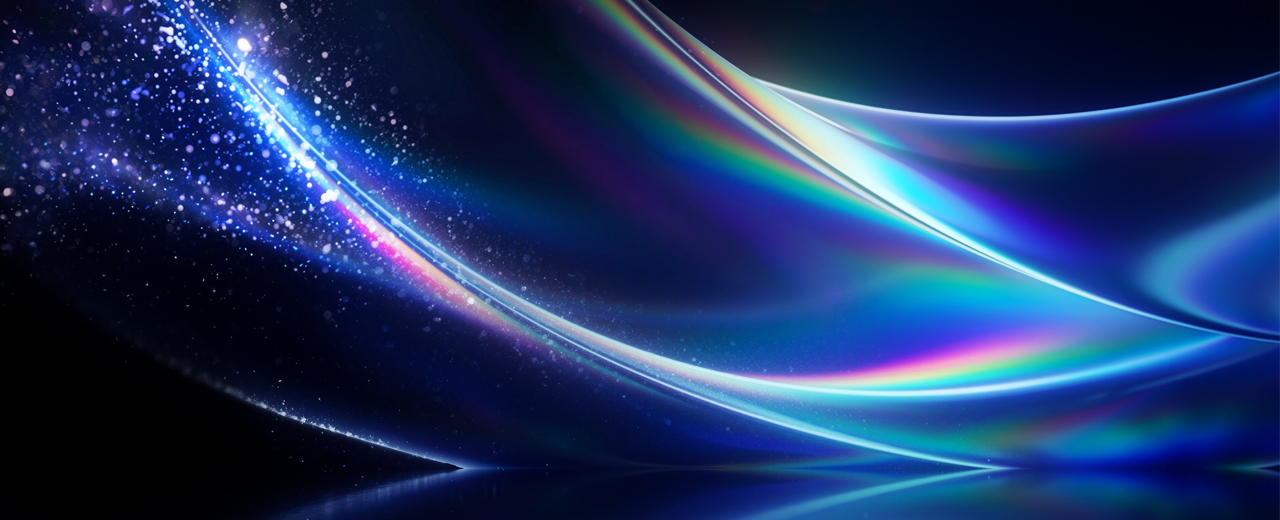 Abstract tech image with blue/rainbow light waves.