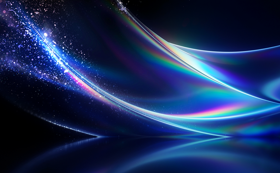 Abstract tech image with blue/rainbow light waves.