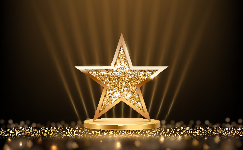Glittering golden star on a podium