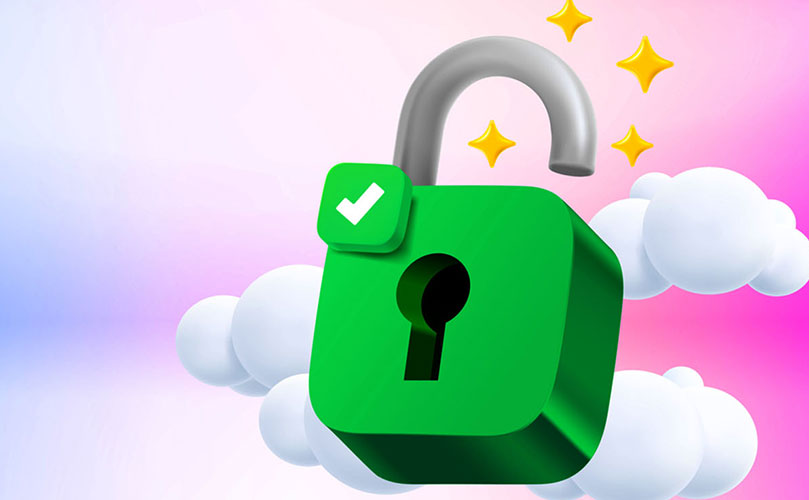 Vihreä riippulukko, jossa on valintamerkki vaaleanpunaisella taustalla pilvien kanssa ja alkaa ympäröidä sitä