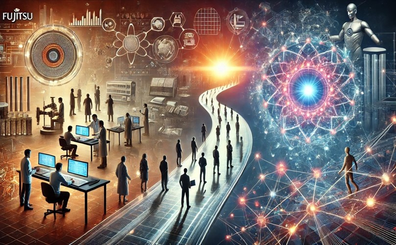 คนกำลังทำงานบนคอมพิวเตอร์และเดินตามถนนที่นำไปสู่แสงสว่าง