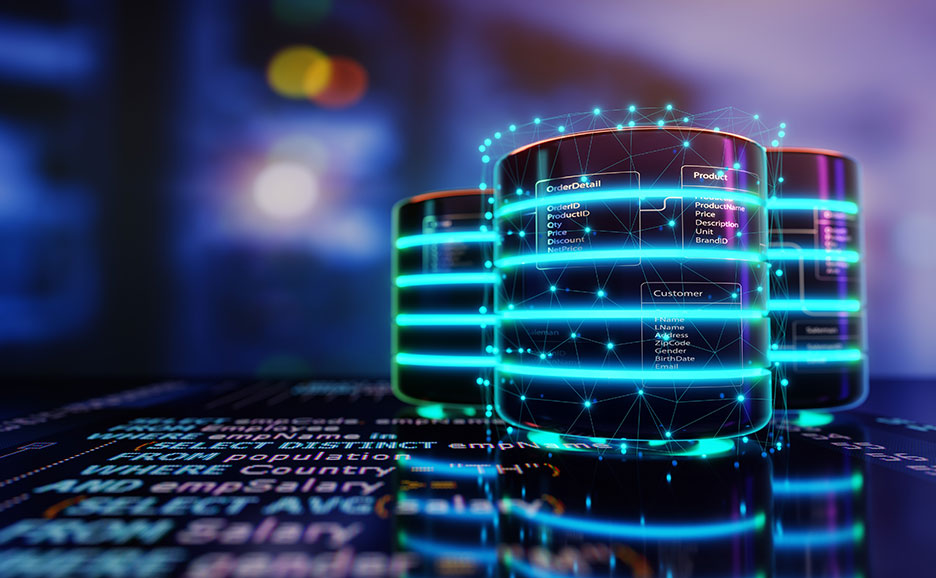Leuchtende Datenbankzylinder mit visualisierten Tabellenstrukturen und vernetzten Datenelementen im Vordergrund