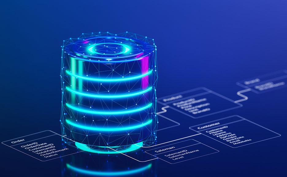Digitale Darstellung einer Datenbank mit Netzwerkverbindungen und schematischem Datenmodell
