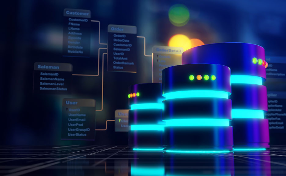 Abstrakte IT-Infrastruktur mit Datenbankstapeln und sichtbar vernetzten Datenmodellen