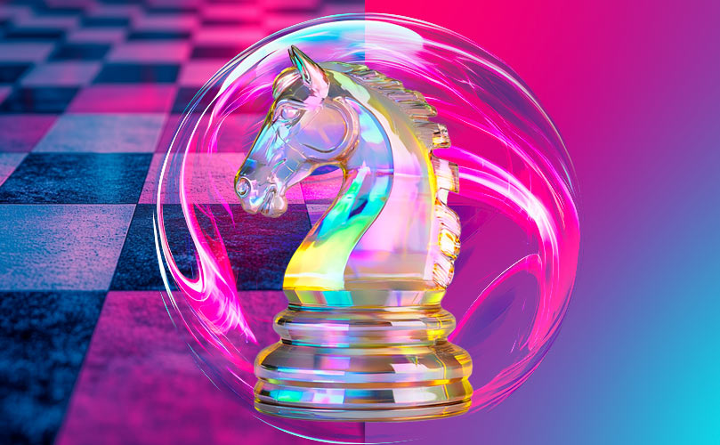 A glass horse head sculpture positioned on a chessboard, highlighting its intricate design and reflective surface.