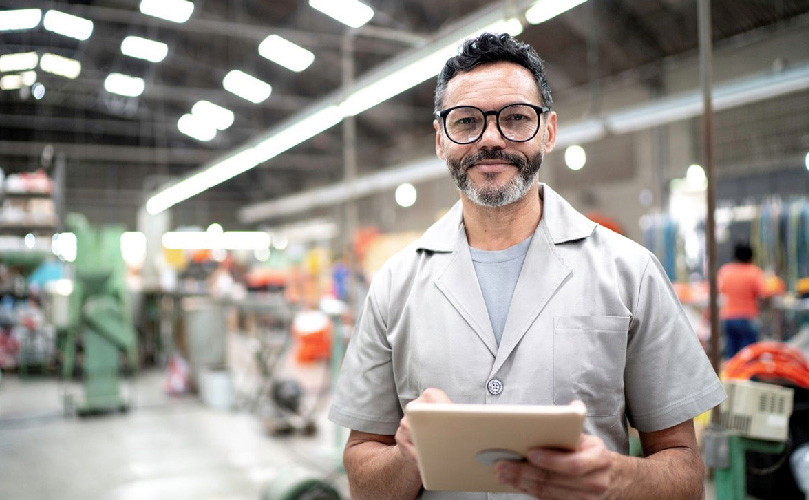 Industriearbeiter mit Tablet vor unscharfem Lagerhintergrund