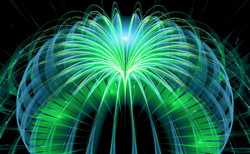 Abstract digital artwork featuring vibrant green and blue light patterns creating a symmetrical, arched design against a dark background