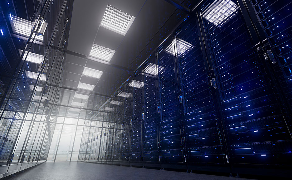 データセンターのサーバーラックが並ぶ通路。