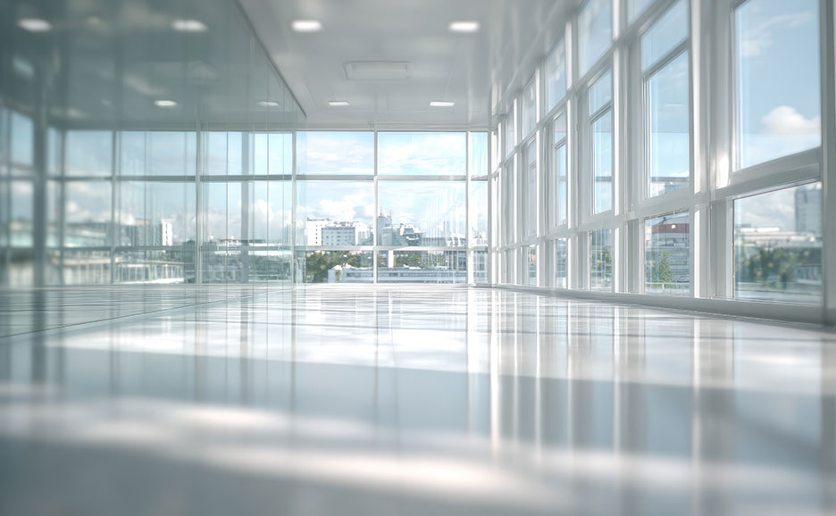 全面ガラスの向こうに街が見渡せるオフィス