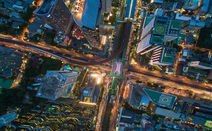 Aerial view of a lit city street