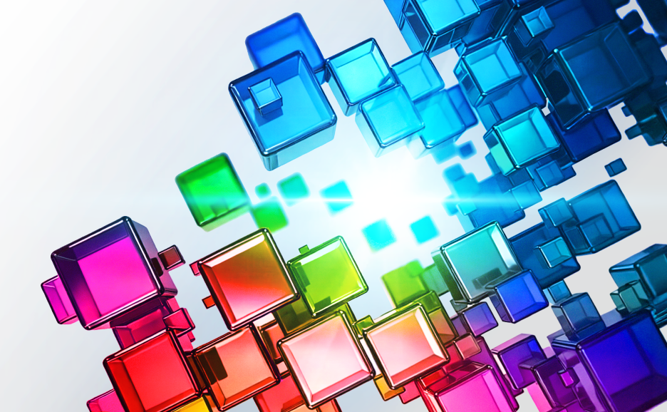 An image showing light emanating from the center and colorful, translucent 3D cubes dynamically arranged
