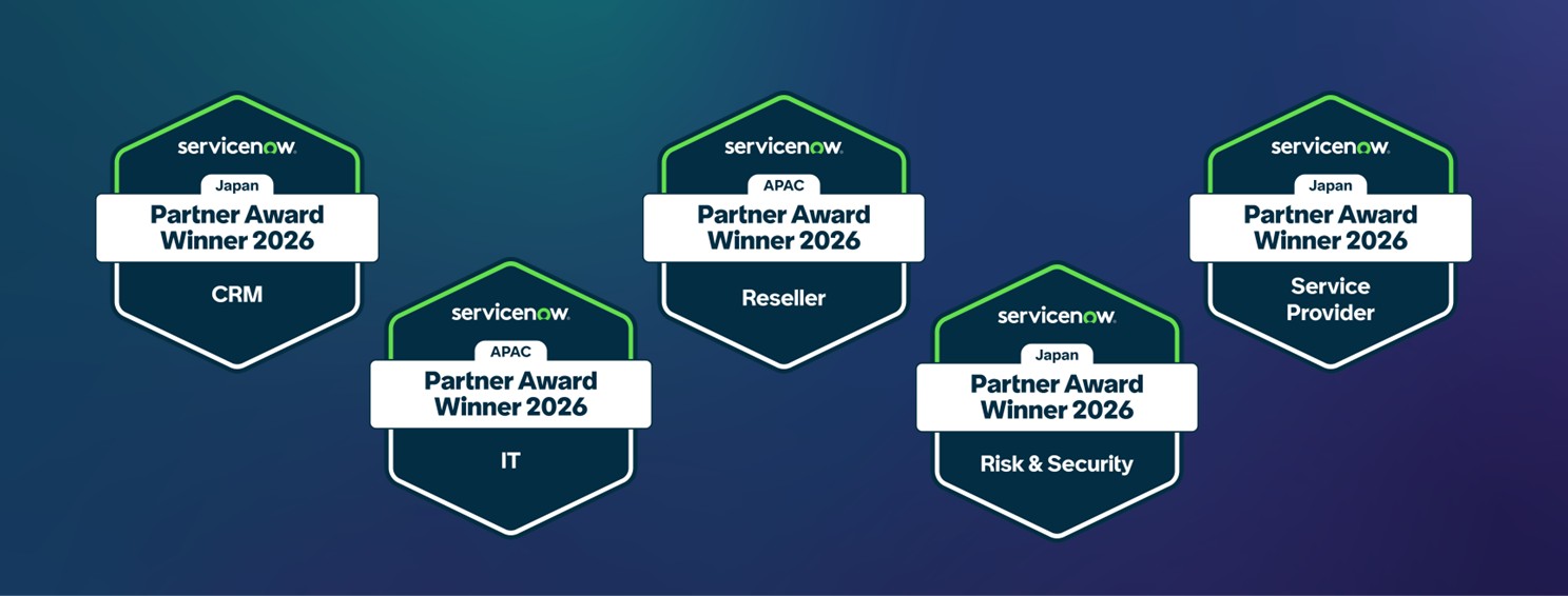 Five ServiceNow Partner Award Winner 2026 badges for Japan and APAC in CRM, IT, Reseller, Service Provider, and Risk & Security categories, displayed on a blue gradient background.