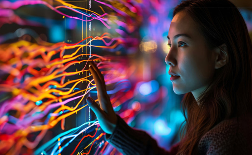 A woman gazes thoughtfully at a vibrant, interconnected network of colorful lines and nodes.