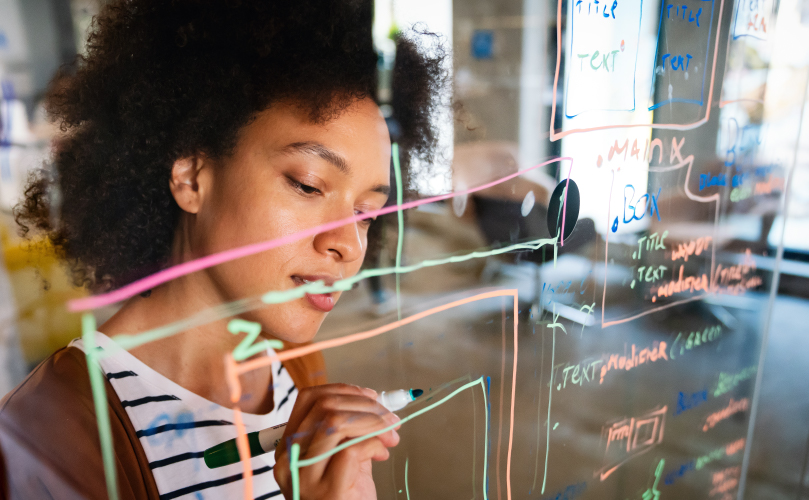 ガラス板にアイデアを図式化する女性