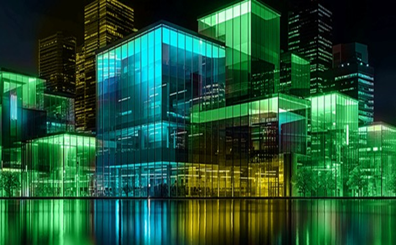 緑と青に光る近未来的な都市