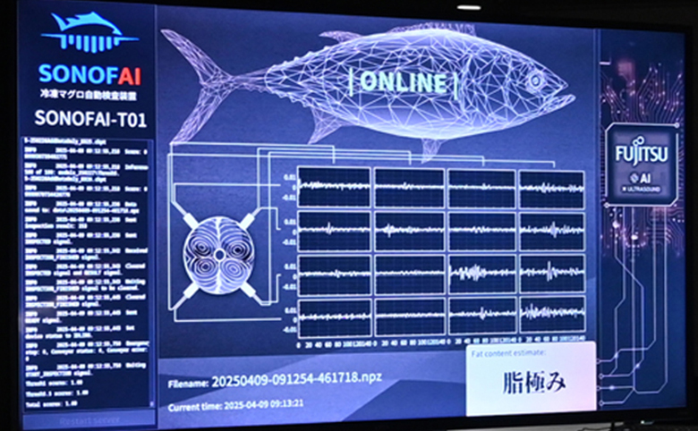 マグロの生態データをデジタル画面上で表示している写真