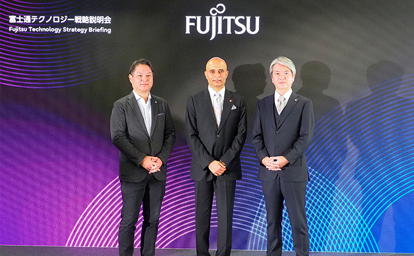 A photo of Yuzuru Fukuda, Seishi Okamoto and Vivek Mahajan from the Fujitsu Technology Strategy Briefing event