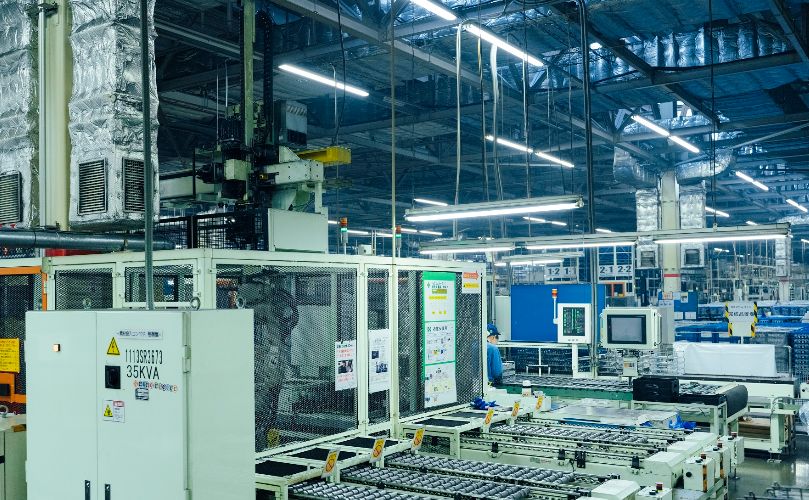 The interior of a manufacturing plant displaying machinery, production lines and equipment under bright overhead lighting.