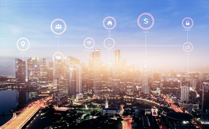 A nighttime city skyline featuring modern buildings emitting various digital symbols, such as Wi-Fi, locks, and chatboxes, which interconnect and create a network above the city.