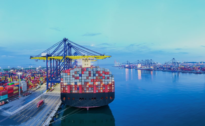 A massive container ship is being loaded using enormous blue and yellow cranes that run the ship's full length at a busy port.