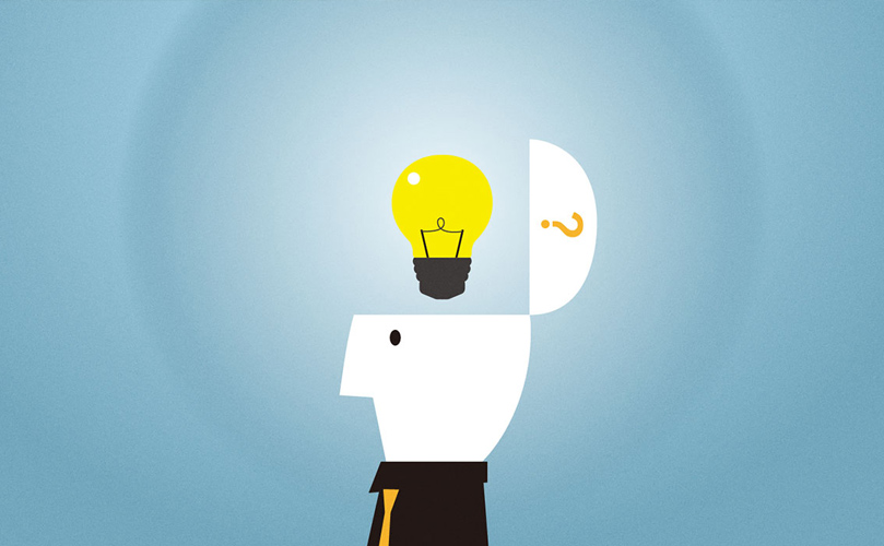 Một hình ảnh hoạt hình đơn giản về một cái đầu đang suy nghĩ, được thể hiện bằng một bóng đèn bật sáng bên trong.