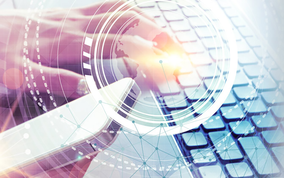 Image of mobile device and keyboard depicting the transformation of core legacy systems