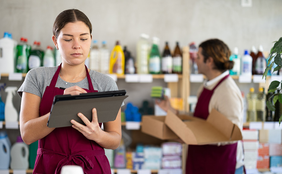 Smiling woman using a tablet, surrounded by delivery boxes