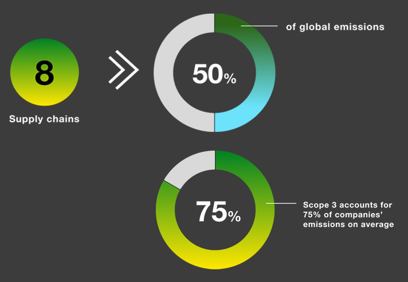 eight supply chains are responsible for 50% of global emissions, and scope 3 accounts for, on average, 75% of companies' emissions