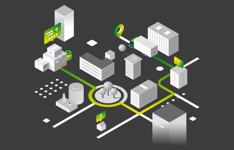 An illustration of a three-dimensional city. Buildings and traffic are depicted, expressing the lively atmosphere of the city.
