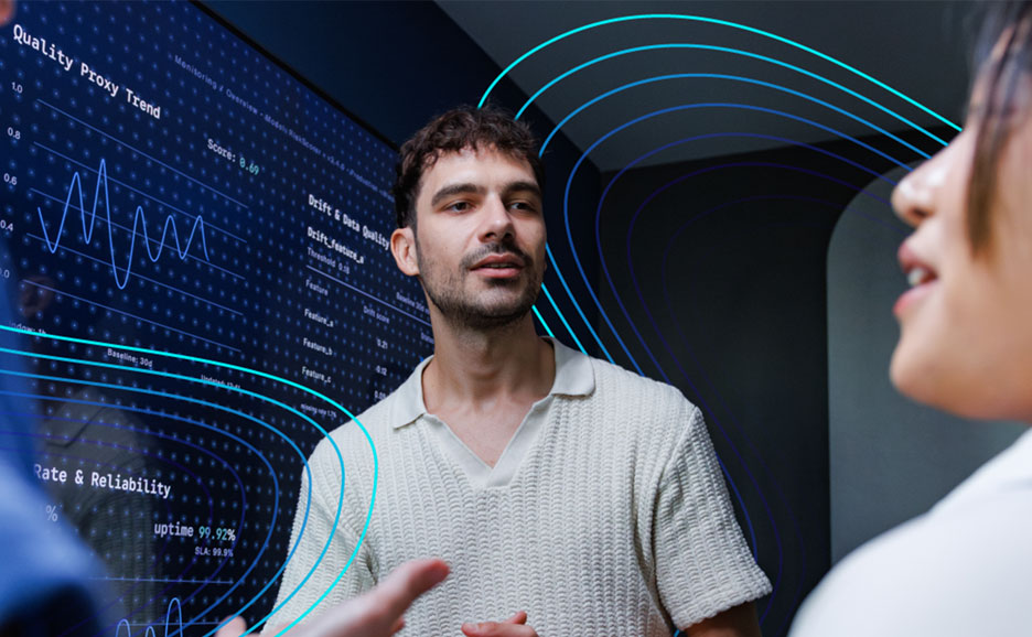 AI技術とデータ分析を示す画像。グラフの前で会話する男性と、青い波線や同心円のグラフィックが未来的な雰囲気を加えている。