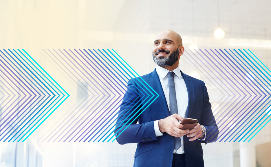 A man in a business suit holding a smartphone and looking towards the future.