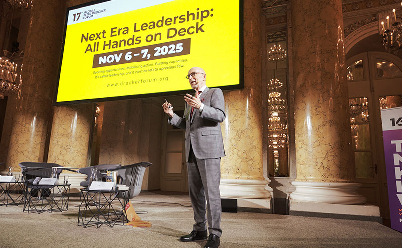 Dr. Richard Straub, Founder and President of the Global Peter Drucker Forum, announced the theme for the 2025 forum. (Vienna, Nov. 2024) Courtesy: Global Peter Drucker Forum