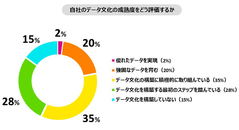 自社のデータ文化の成熟度をどう評価するか・優れたデータを実現(2%)・強固なデータを育む(20%)・データ文化の構築に積極的に取り組んでいる(35%)・データ文化を構築する最初のステップを踏んでいる(28%)・データ文化を構築していない(15%)