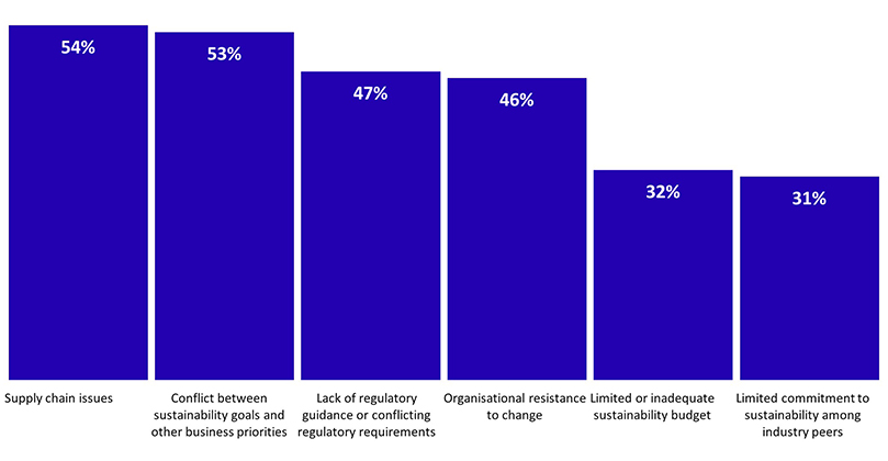 A bar chart illustrates the main barriers organizations face in achieving social and environmental sustainability goals. Supply chain issues (54%), conflict between sustainability goals and other business priorities (53%), lack of regulatory guidance or conflicting requirements (47%), and organizational resistance to change (46%) are the most significant hurdles. Limited or inadequate sustainability budgets (32%) and limited commitment to sustainability among industry peers (31%) are also identified as barriers.