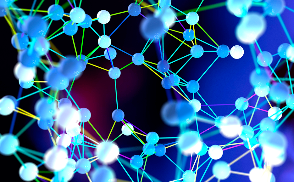 鮮やかな線で繋がれた水色の球体の抽象的なネットワーク。