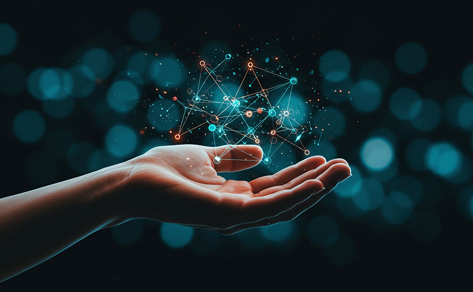 手のひらに広がる光り輝くネットワーク。未来のテクノロジーのイメージ。